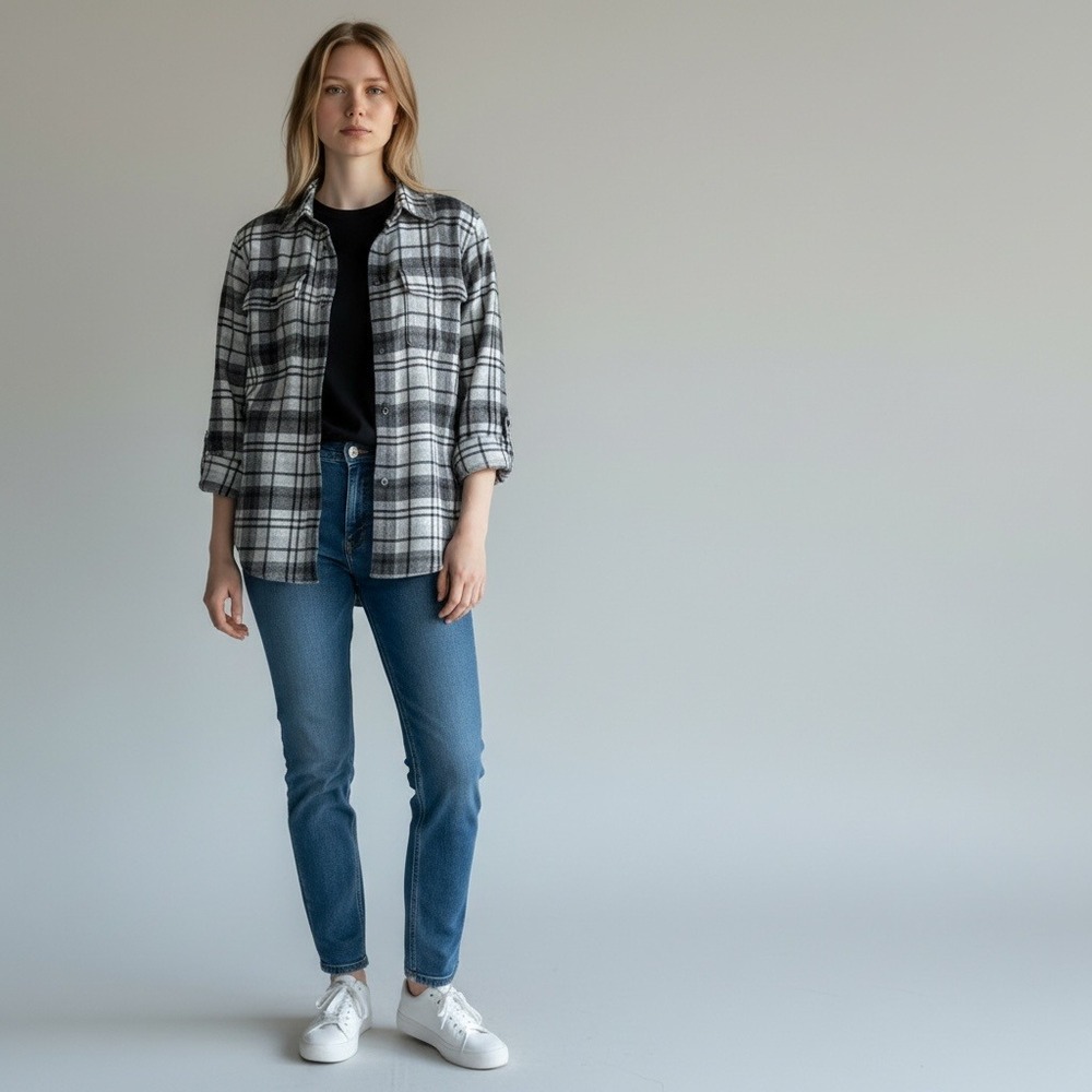 Ralph Lauren Plaid Flannel Shirt Womens 4 Grey White Button Down Pocket Cotton